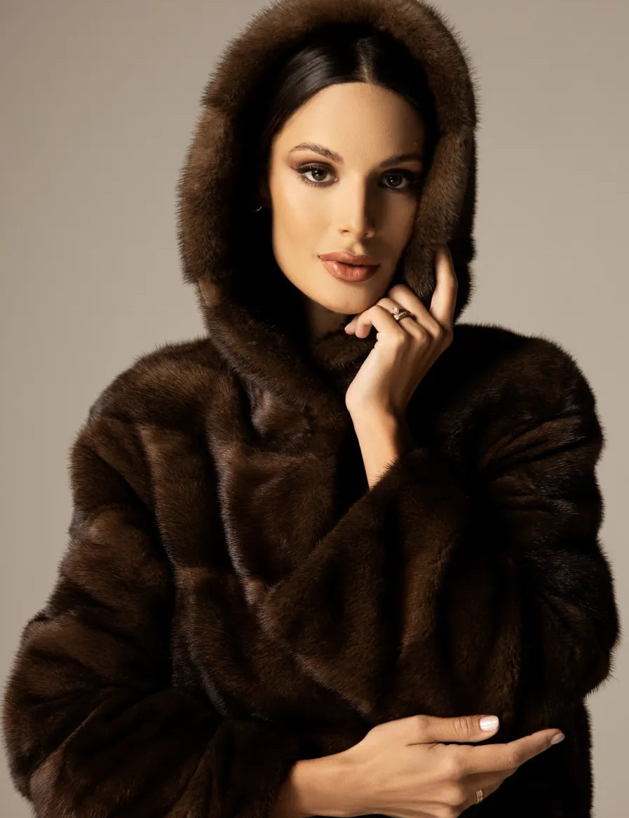 GRETA Brown mink hoodie coat